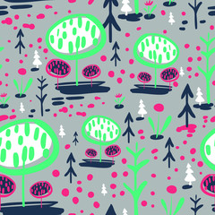 vector seamless colorful pattern. Backdrop image with cute doodle-style nature parts: trees, grass, and flowers - 347656507