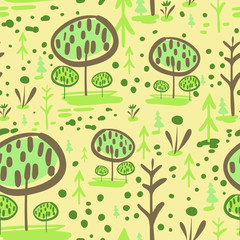 vector seamless colorful pattern. Backdrop image with cute doodle-style nature parts: trees, grass, and flowers - 347656517