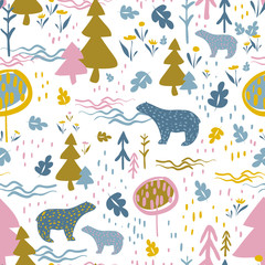 vector seamless colorful pattern. Backdrop image with cute doodle-style trees, flowers, and bear's silhouette - 347656547