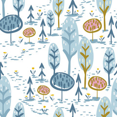 vector seamless colorful pattern. Backdrop image with cute doodle-style nature parts: trees, grass, and flowers - 347656552