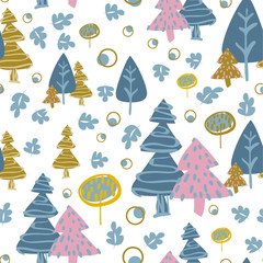 vector seamless colorful pattern. Backdrop image with cute doodle-style nature parts: trees, grass, and flowers - 347656584