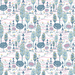 vector seamless colorful pattern. Backdrop image with cute doodle-style nature parts: trees, grass, and flowers - 347656595