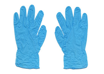 Pair of blue medical latex gloves on white background. Prevent coronavirus spread. Medical equipment