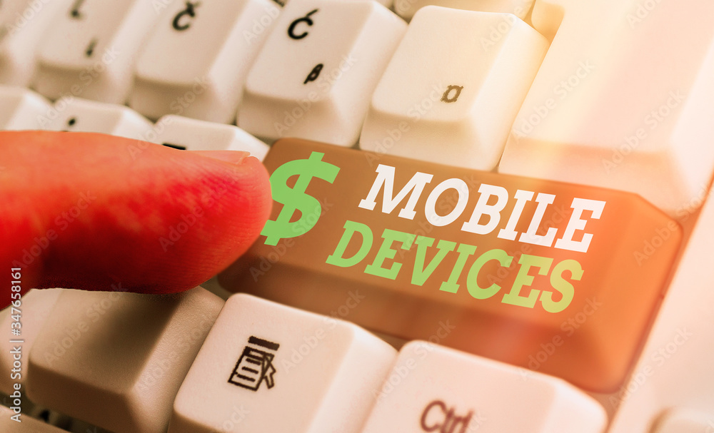 Poster conceptual hand writing showing mobile devices. concept meaning a portable computing device like sma