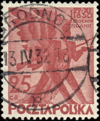 Grodno 1. Kasownik / datownik pocztowy (1932) odbity na znaczku pocztowym wydanym z okazji 100. rocznicy Powstania Listopadowego (25 gr, Fi.248).