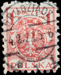 Grudziądz. Kasownik / datownik pocztowy typu niemieckiego (1922) odbity na znaczku pocztowym z godłem państwowym na tarczy barokowej (1 marka polska, Fi.114).