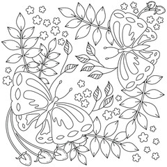 vector coloring book page for adult. stylized cartoon image, two butterfly with floral pattern in zentangle art-style.