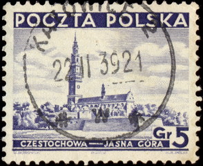 Katowice 2. Kasownik / datownik pocztowy (1939) odbity na znaczku pocztowym z serii „widoki” – Jasna Góra w Częstochowie (5 gr, Fi.294).