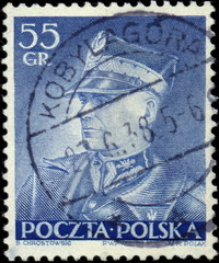 Kobyla Góra. Rzadki kasownik / datownik pocztowy (1938) odbity na znaczku pocztowym z portretem marszałka Edwarda Rydza-Śmigłego (55 gr, Fi.299).