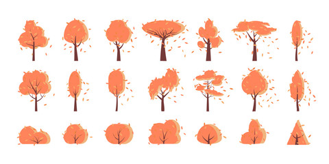 Autumn fall tree, bush, flat cartoon icon set. Creative different shape simple orange forest garden trees, symbol. Season yellow falling leaf plant of park sign. Isolated on white vector illustration