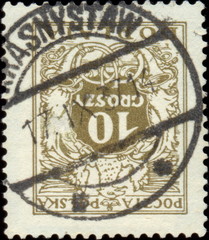 Krasnystaw. Kasownik / datownik pocztowy (1937) odbity na pocztowym znaczku dopłaty (1924, 10 gr, Fi.D69).