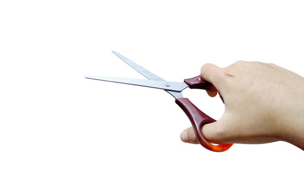 Hand Holding Scissors Isolated On White Background