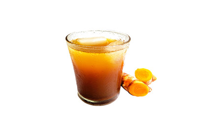 Traditional medicine from Indonesia named Jamu. Healthy drinks made from herbal plants are yellow turmeric