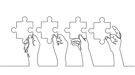 Continuous line drawing of hands solving Two Puzzle Pieces. Concept of business teamwork and integration with puzzle. Teamwork and partnership concept of two businessman isolated on white background. - obrazy, fototapety, plakaty