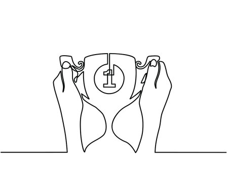 Continuous line drawing of hands holding the winner trophy. Champions award, sport victory concept. businessman hands holding the trophy. Competition success, first place, celebration ceremony symbol.