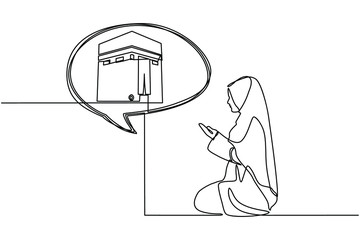 Continuous line drawing of Muslim woman praying for Allah facing the Kaaba raised his hand in prayer. The hands of Muslim women above pray by wearing traditional clothes isolated on white background.