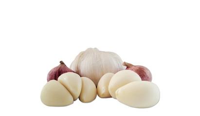 Fresh kitchen ingredients. Garlic and onion isolated on white background