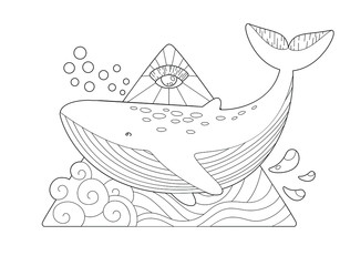 vector coloring book page for adult and kids. stylized cartoon image, whale in zentangle art-style - 347663190