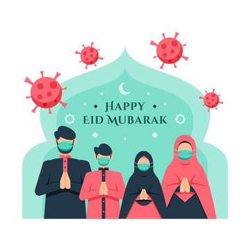 Eid Al Fitr Background With Muslim Family Celebrate It By Wearing Masks To Protect Themselves During Pandemic Coronavirus. Flat Style Vector Illustration For Greeting Card And Poster.