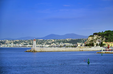 Fototapeta premium The lighthouse at the Port of Nice on the Mediterranean Sea at Nice, France along the French Riviera.
