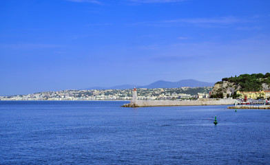 The lighthouse at the Port of Nice on the Mediterranean Sea at Nice, France along the French Riviera.