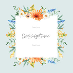 Spring frame advertising  fresh flowers , promote, decor card with floral colorful garden, wedding, invitation, watercolor vector illustration design