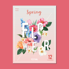Spring poster fresh flowers, decor card with floral colorful garden, wedding, invitation, watercolor vector illustration design