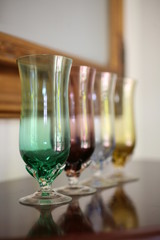 Vintage retro, coloured glass goblets, Green Burgandy, Clear and Yellow. 