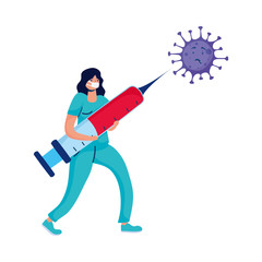 female doctor with injection and covid19 particle