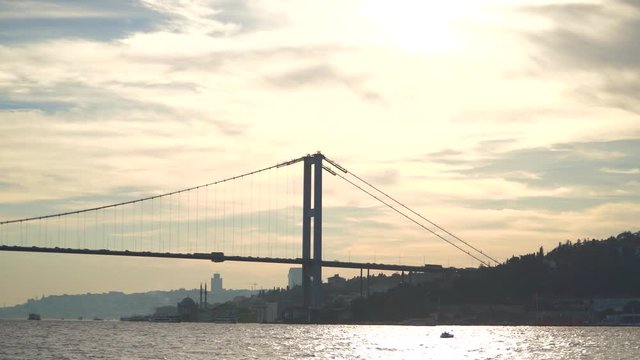 Istanbul, Turkey, SEP 31, 2018: Bosphorus Bridge at sunset connects Europe and Asia.