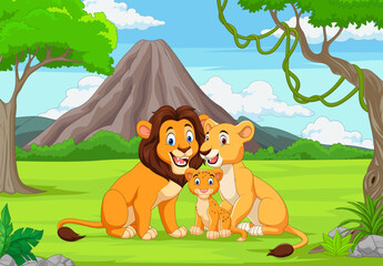 Obraz na płótnie Canvas Cartoon family lion in the jungle