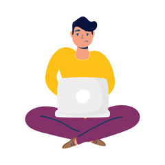 man with lotus position using laptop