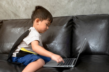 A home distance learning, boys studying online with notebooks at home, home school concept