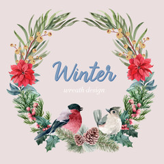 Winter floral blooming wreath frame elegant for decoration vintage beautiful, creative watercolor vector illustration design