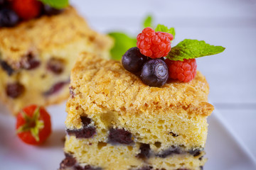 Piece of blueberry coffee cake on white background.