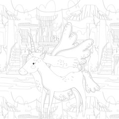 unicorn in the sky. Fantasy art drawn in line art style.seamless pattern. Coloring book page design for adults and kids