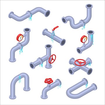 Water pipe. Broken pipe tube with leaking water. Plumbing construction pipeline with damage element. Isometric pipe parts with water leaks, sewage burst