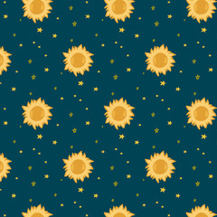 Cosmic pattern. Vector colored ornament with space. Pattern with the sun and stars. Cartoon drawing.