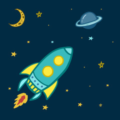 Naklejka premium Space. Vector color illustration of space with planet and rocket. Cartoon style drawing