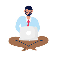 elegant business man with lotus position using laptop