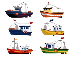 Obraz premium Fishing boat. Commercial fishing trawler for fishery industrial of seafood production vector illustration. Small marine ship, sea or ocean fish boat set.