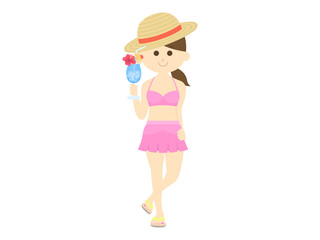 ドリンクを持った水着女性のイラスト