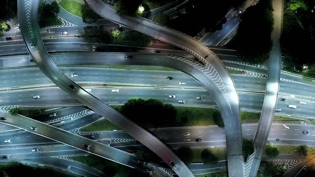 Aerial view of Vinte Tres de Maio Avenue with viaducts in Ibirapuera area, at night, Sao Paulo, Brazil
