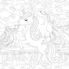 Fototapeta na wymiar unicorn in the sky. Fantasy art drawn in line art style.seamless pattern. Coloring book page design for adults and kids