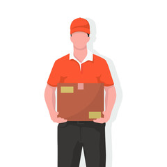 Deliveryman in modern style vector illustration, business person simple flat shadow isolated on white background.
