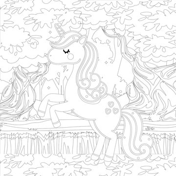 unicorn in the sky. Fantasy art drawn in line art style.seamless pattern. Coloring book page design for adults and kids