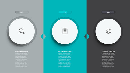 Naklejka premium Rectangular elements for business process steps. Timeline with 3 options, circle. Vector illustration.