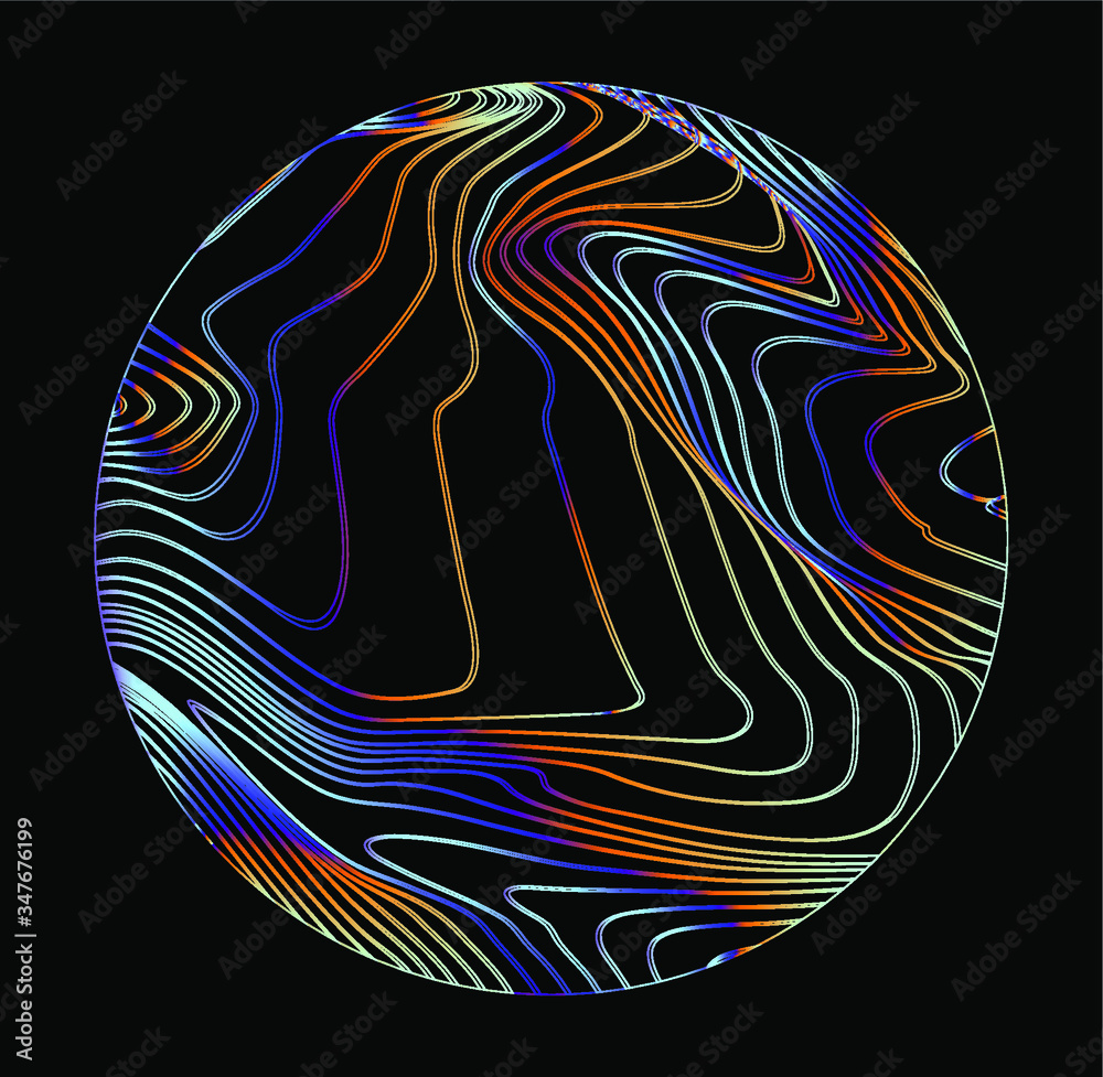 Poster Illuminated holographic circle with glitched texture made by generative algorithm. Retrofuturistic illustration in 80s-90s synthwave and retrowave chromatic spectrum colors.