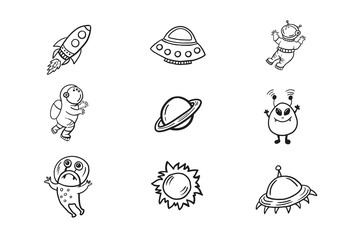 Set of space illustrations. Space icons. Vector doodle in doodle style. Astronauts, aliens, stars, planets, rockets, aliens, flying saucer