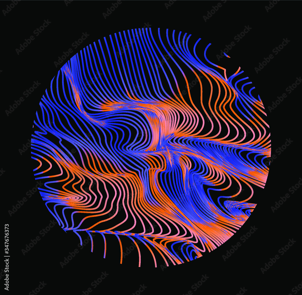 Poster Illuminated holographic circle with glitched texture made by generative algorithm. Retrofuturistic illustration in 80s-90s synthwave and retrowave chromatic spectrum colors.